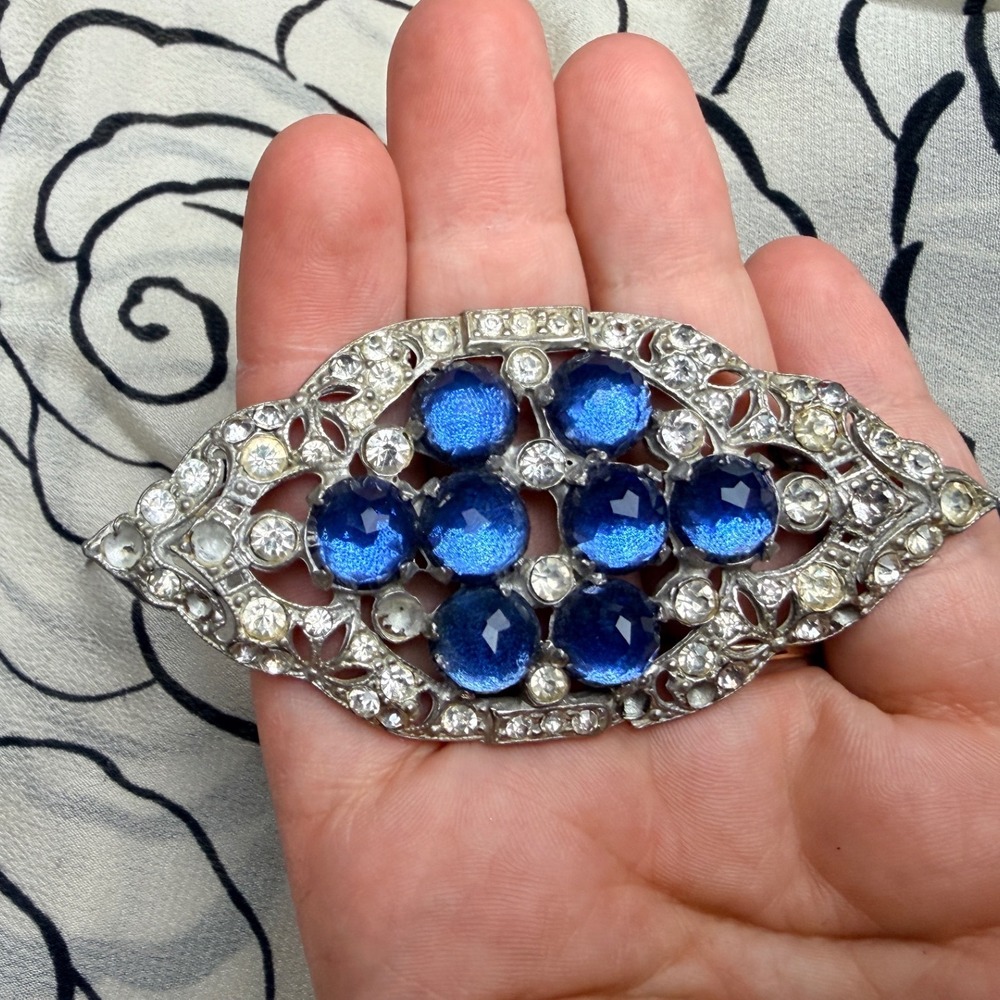 Vintage Art Deco Style Rhinestone and Cobalt Blue Brooch Silver Tone - Picture 3 of 5